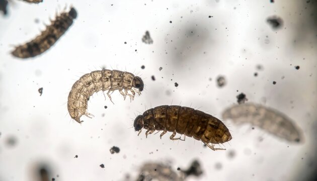 Two tiny insect larvae wiggling amongst dust particles in an ultra-macro close-up view
