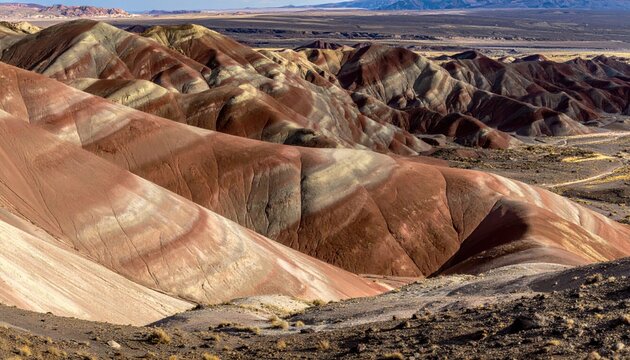 Multi-colored geological strata formations of arid desert hills sculpted by millennia of erosion