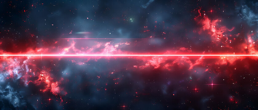Ultra wide abstract glowing red horizontal laser line in deep starry space offering dark cosmic copy space for sci-fi gaming streaming background