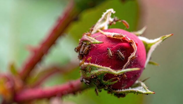 Thrips swarm on a wilting rose bud