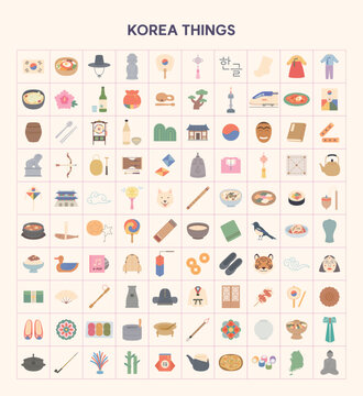 Collection of Korean cultural icons featuring traditional food, clothing, landmarks, symbols, games, and heritage in a flat vector style.