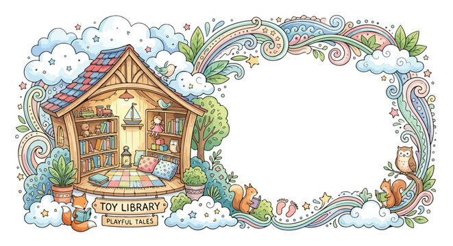 A whimsical hand-drawn frame featuring a cozy wooden toy library surrounded by cute animals reading books amidst clouds, rainbows, and stars.