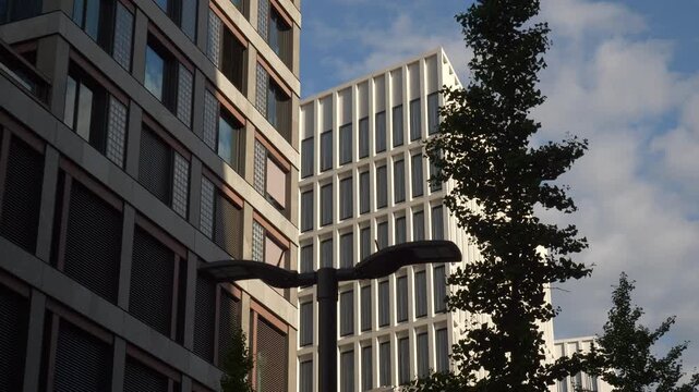 sunny day zurich city center modern office buildings exterior slow motion panorama 4k switzerland