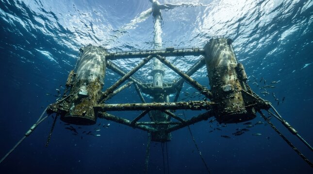 Underwater view of a floating offshore wind turbine foundation structure in the deep blue ocean
