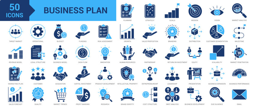 Business Plan icon set. Planning, strategy, vision, mission, goals, branding, market analysis, customer segmentation, business expansion, SWOT analysis and more. Solid vector icons