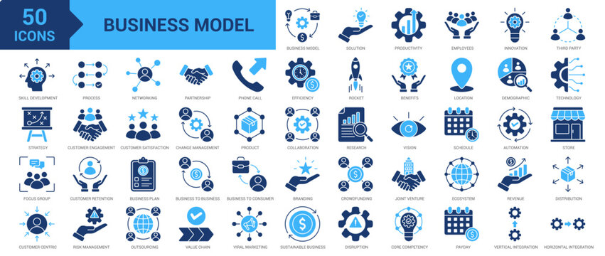 Business Model icon set. Solution, productivity, employee, innovation, third party, skill development, strategy, partnership, focus group, customer-centric, research and more. Solid vector icons