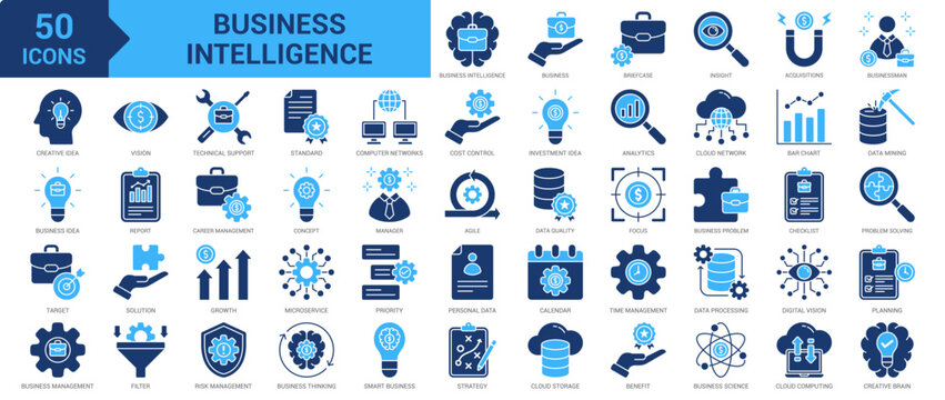 Business Intelligence icon set. Creative idea, business idea, target, business management, vision, technical support, standard, strategy, problem solving and more. Solid vector icons