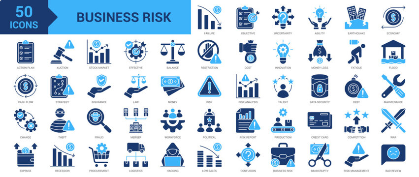 Business Risk icon set. Competition, war, recession, restriction, hacking, low sales, uncertainty, bankruptcy, risk management, bad review, failure, fraud and more. Solid vector icons