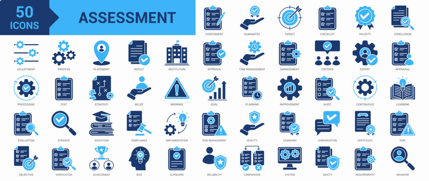 Assessment icon set. Compliance, expert, checklist, validity, conclusion, evaluation, objective, quality, standard, strategy, result, verification, audit and more. Solid vector icons