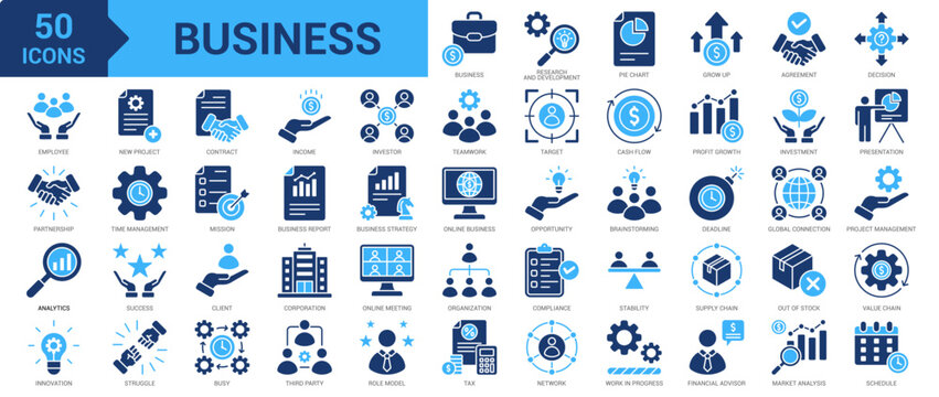 Business icon set. Research and development, pie chart, analytics, employee, project management, presentation, analysis, teamwork, brainstorming and more. Solid vector icons