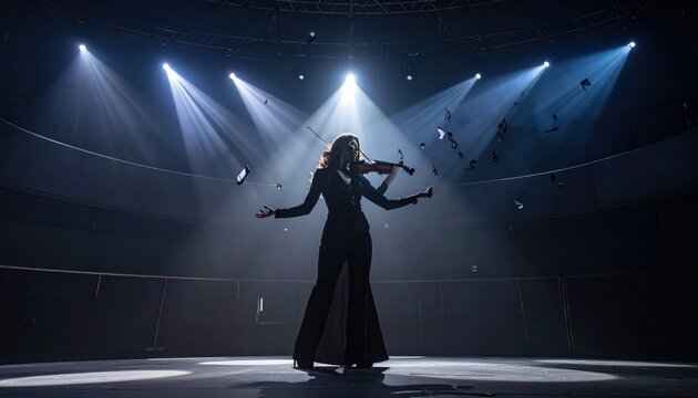 Violinist Performing Solo on Stage Under Dramatic Spotlights with Musical Notes Floating