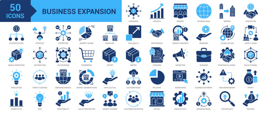 Business Expansion icon set. Growth, market, international, merger, acquisition, diversification, product development, innovation and more. Solid vector icons