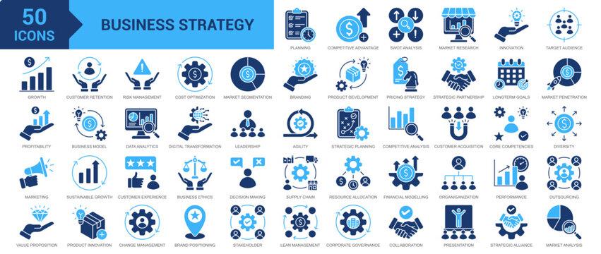 Business Strategy icon set. Project plan, competitive advantage, swot analysis, market research, business innovation, target audience, profitability and more. Solid vector icons