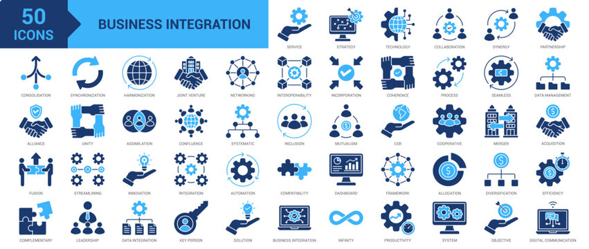 Business Integration icon set. Strategy, technology, collaboration, synergy, partnership, consolidation, alliance, fusion, complementary, synchronization and more. Solid vector icons