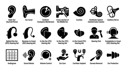 Audiology equipment and hearing assistance device icons. © Alip
