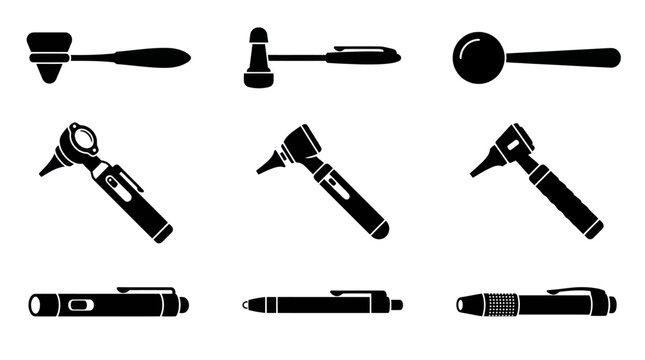 Black silhouette medical examination tools professional icon set.