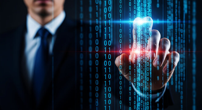 Man in suit touching glowing digital binary code data stream image