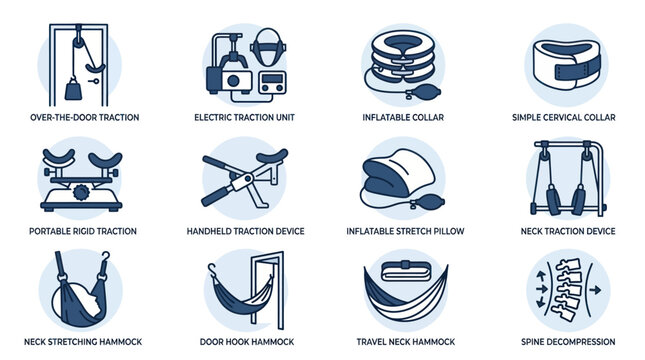 Cervical traction and neck support device line icons set.