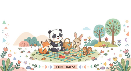 Fototapeta premium A group of cute forest animals including a panda, fox, bunny, and squirrel enjoying a picnic together in a whimsical park setting.