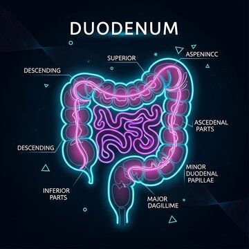 Detailed anatomical diagram of the duodenum parts.