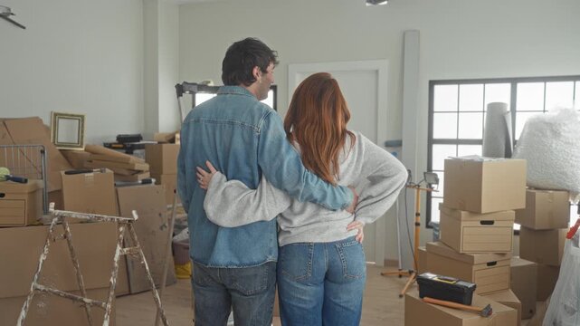 Man embraces woman with arm around waist among stacked moving boxes in a building; hopeful new start.