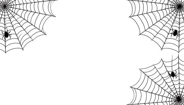 Halloween spider webs and spiders in corner decoration, spooky festive pattern for holiday invitations and banners
