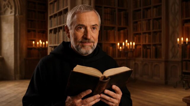 Portrait of an older monk representing Saint Benedict reading an old book in a historic library. Catholic religion and monastic life concept. Feast of Saint Benedict on July 11