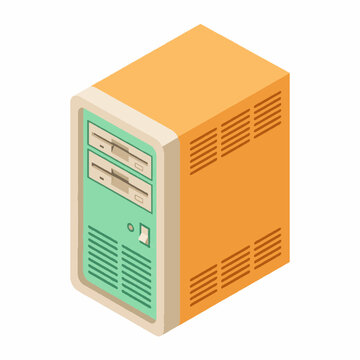 Isometric retro computer tower vector illustration of vintage PC system unit with floppy drives.