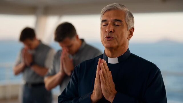 Ship chaplain praying with crew members on deck. Christian seafarers awareness week concept