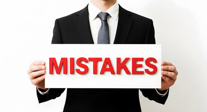 Man in black suit holding white sign with red 3 D word M I S T A K E S image