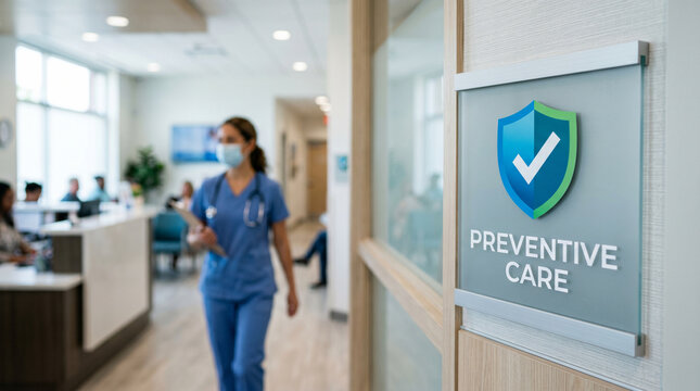 Healthcare Professional Walking in Modern Clinic with Preventive Care Sign Promoting Healthy Lifestyle