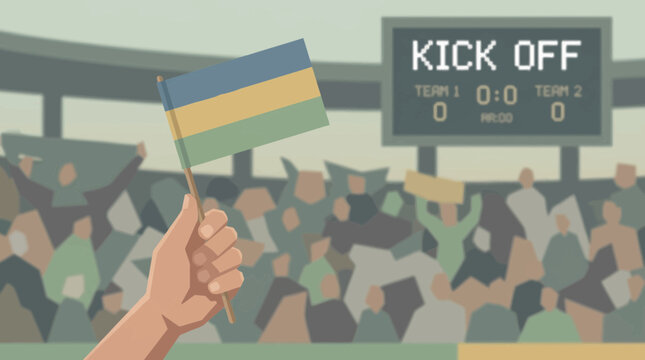 Fan holding Rwanda flag at stadium scoreboard kick off illustration