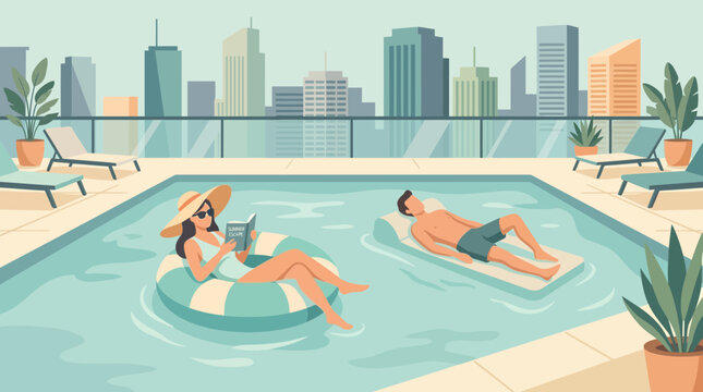 Couple Relaxing in Rooftop Swimming Pool with City View Illustration
