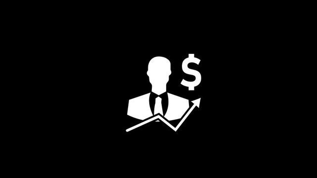 White silhouette of a businessman in a suit with a tie standing next to an upward trending graph and a dollar sign against a black background representing financial growth and success