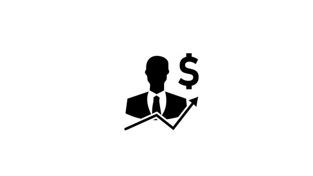 Black silhouette of a businessman in a suit with a tie positioned beside an ascending financial graph and a dollar symbol on a white background symbolizing economic progress and monetary