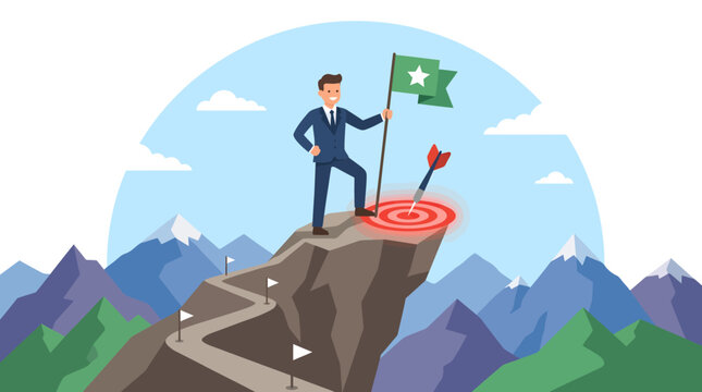 Successful businessman conquers mountain peak, proudly plants flag, representing goal achievement, leadership, and triumph over business challenges.