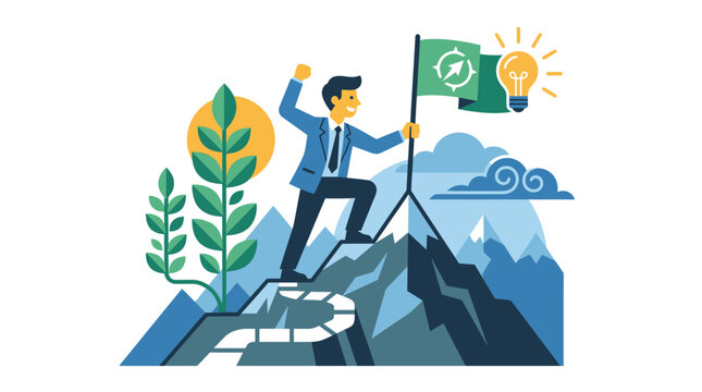 Ambitious businessman conquers mountain peak, planting a flag with compass, symbolizing strategic goal achievement, leadership, and successful business journey.