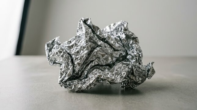 Close-up of a crumpled aluminum foil ball with intricate textures and reflective surfaces