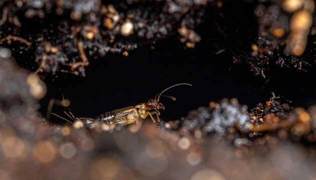 Detailed Macro Shot of an Earwig Insect Exploring a Dark Soil Crevice with Antennae Extended