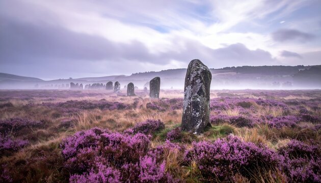 Ancient Standing Stones Emerge Through Violet Mist on a Desolate Moorland