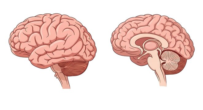 Human brain anatomy with labeled cerebral cortex and cerebellum.