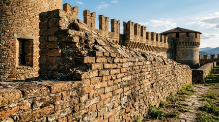 Fototapeta premium Ancient Stone Castle Wall with Battlements Under a Sunny Sky