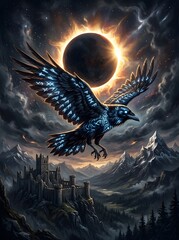 Fototapeta premium Mystical Raven Flies Through Solar Eclipse Over Ancient Castle Ruins.