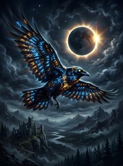 Obraz premium Mystical Raven Soars Under a Cosmic Solar Eclipse Over Ancient Castle Landscape.