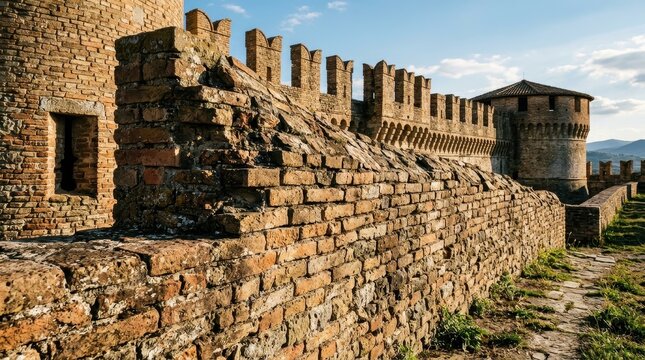 Ancient Stone Castle Wall with Battlements Under a Sunny Sky