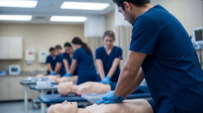 Group cardiopulmonary resuscitation workshop showing man pressing on chest of medical dummy