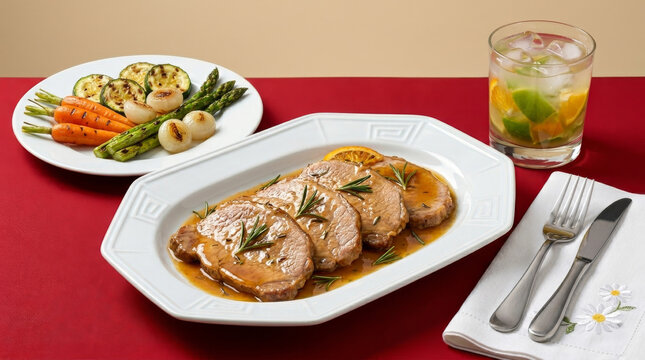Roast pork loin with orange and rosemary sauce, served with grilled vegetables and a lime and tangerine caipirinha at a beautifully set table.