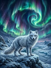 Naklejka premium Arctic Fox Standing Proudly Underneath the Mesmerizing Aurora Borealis in a Snowy Landscape.
