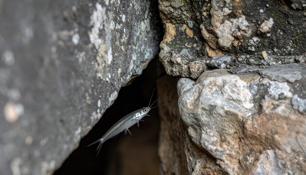 A silverfish insect darts into a dark crack in a weathered stone wall, captured in sharp focus