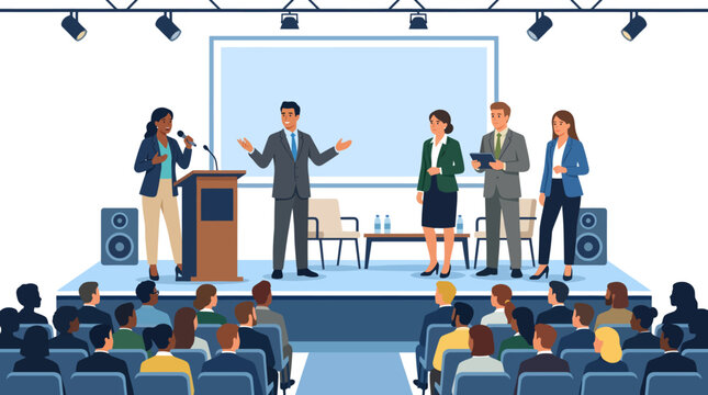 Diverse group of speakers presenting on stage to an audience in a conference hall with projector screen